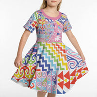 Maori Kowhaiwhai Taniko Patchwork Rainbow Motifs Kid Short Sleeve Dress LT9 - Polynesian Pride