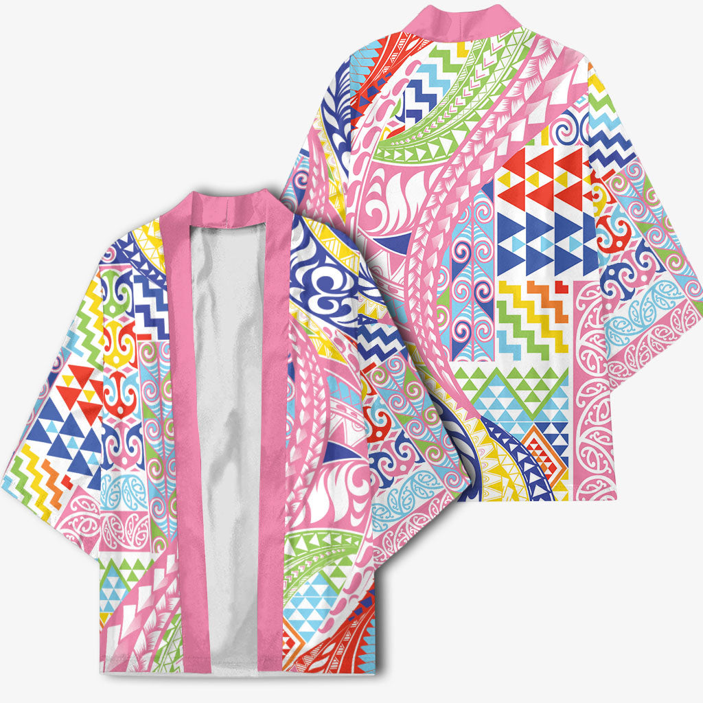 Maori Kowhaiwhai Taniko Patchwork Rainbow Motifs Kimono LT9 - Polynesian Pride