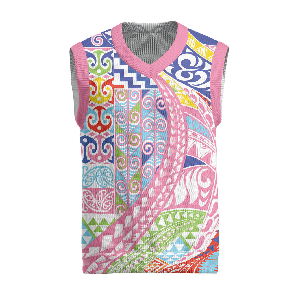 Maori Kowhaiwhai Taniko Patchwork Rainbow Motifs Christmas Knitted V-Neck Vest