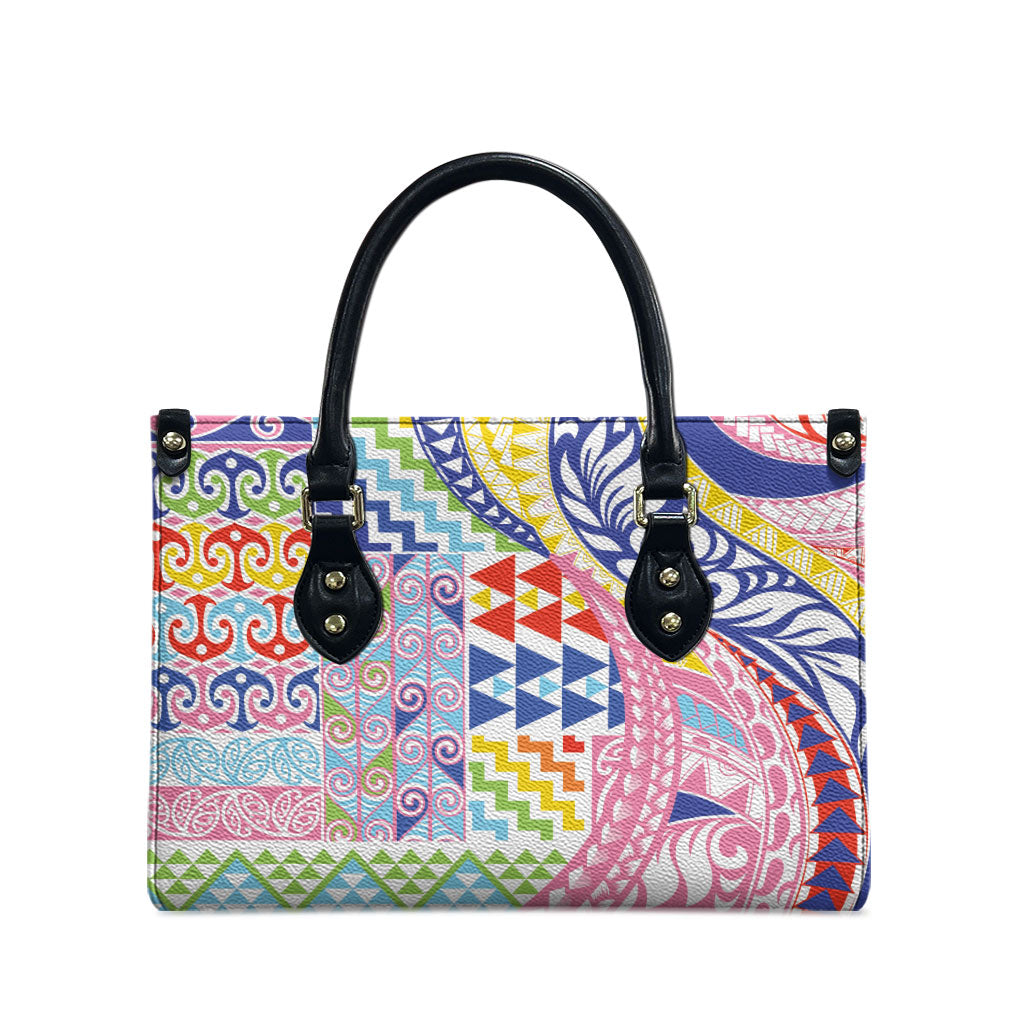 Maori Kowhaiwhai Taniko Patchwork Rainbow Motifs Leather Bag