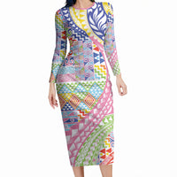 Maori Kowhaiwhai Taniko Patchwork Rainbow Motifs Long Sleeve Bodycon Dress LT9 Long Dress Rainbow - Polynesian Pride