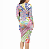 Maori Kowhaiwhai Taniko Patchwork Rainbow Motifs Long Sleeve Bodycon Dress LT9 - Polynesian Pride