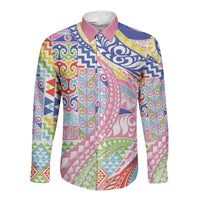 Maori Kowhaiwhai Taniko Patchwork Rainbow Motifs Long Sleeve Button Shirt LT9 Unisex Rainbow - Polynesian Pride