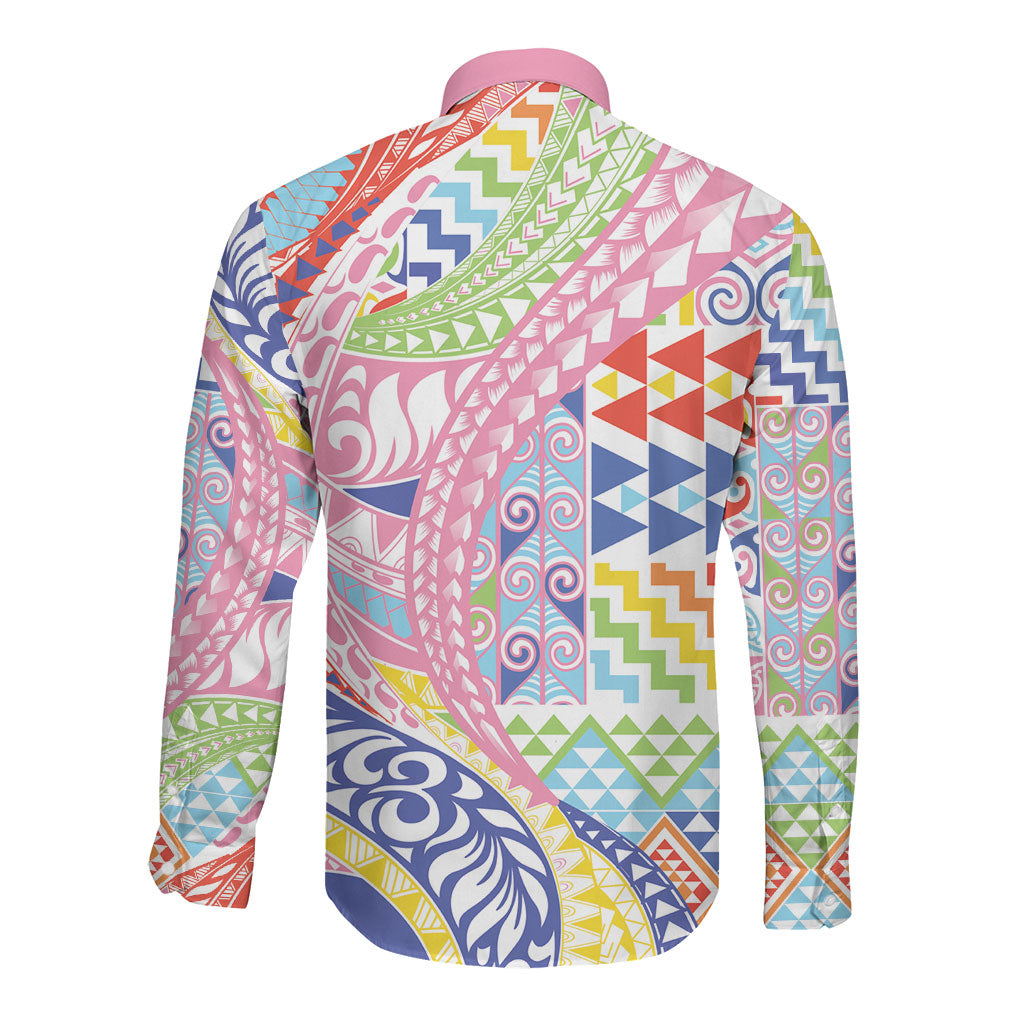 Maori Kowhaiwhai Taniko Patchwork Rainbow Motifs Long Sleeve Button Shirt LT9 - Polynesian Pride