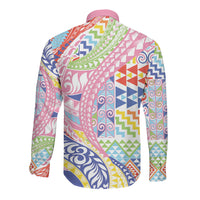 Maori Kowhaiwhai Taniko Patchwork Rainbow Motifs Long Sleeve Button Shirt LT9 - Polynesian Pride