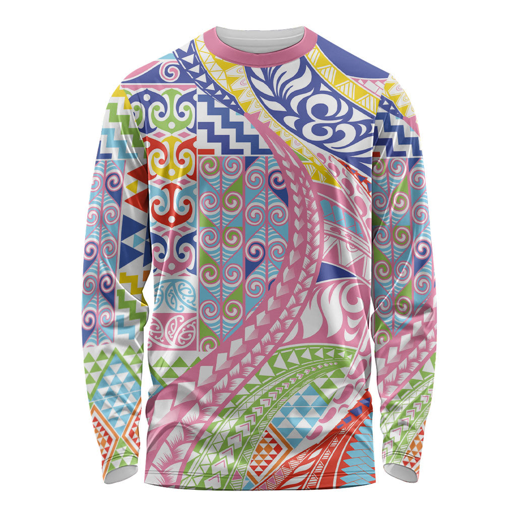 Maori Kowhaiwhai Taniko Patchwork Rainbow Motifs Long Sleeve Shirt LT9 Unisex Rainbow - Polynesian Pride