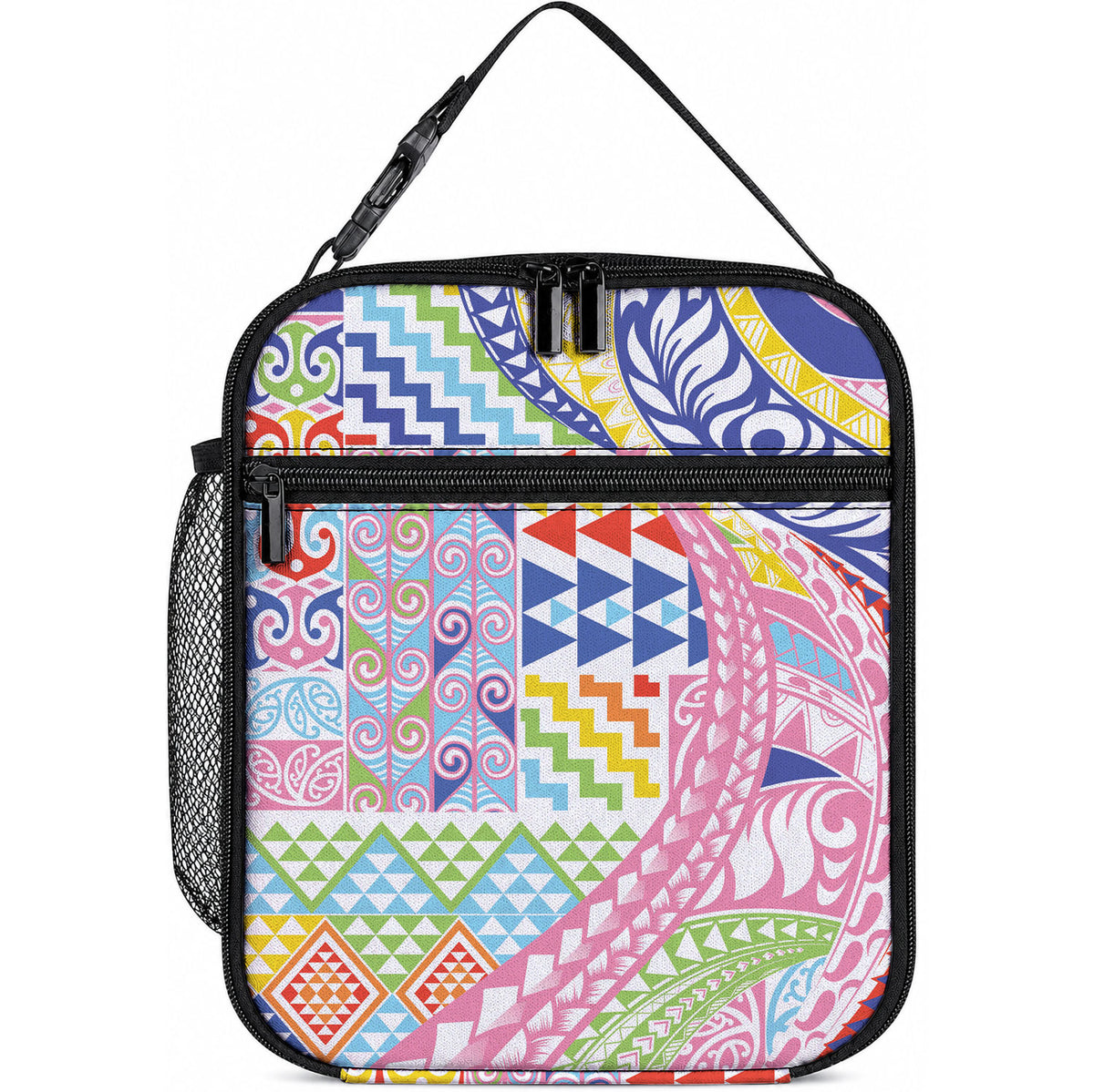 Maori Kowhaiwhai Taniko Patchwork Rainbow Motifs Lunch Bag LT9 10.2 × 8.3 × 4.3 inch Rainbow - Polynesian Pride
