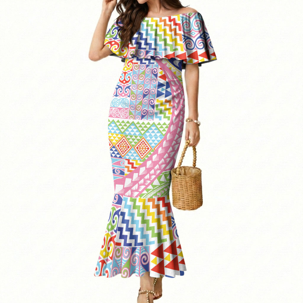 Maori Kowhaiwhai Taniko Patchwork Rainbow Motifs Mermaid Dress LT9 Women Rainbow - Polynesian Pride