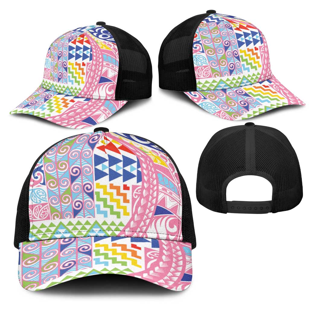 Maori Kowhaiwhai Taniko Patchwork Rainbow Motifs Mesh Trucker Cap