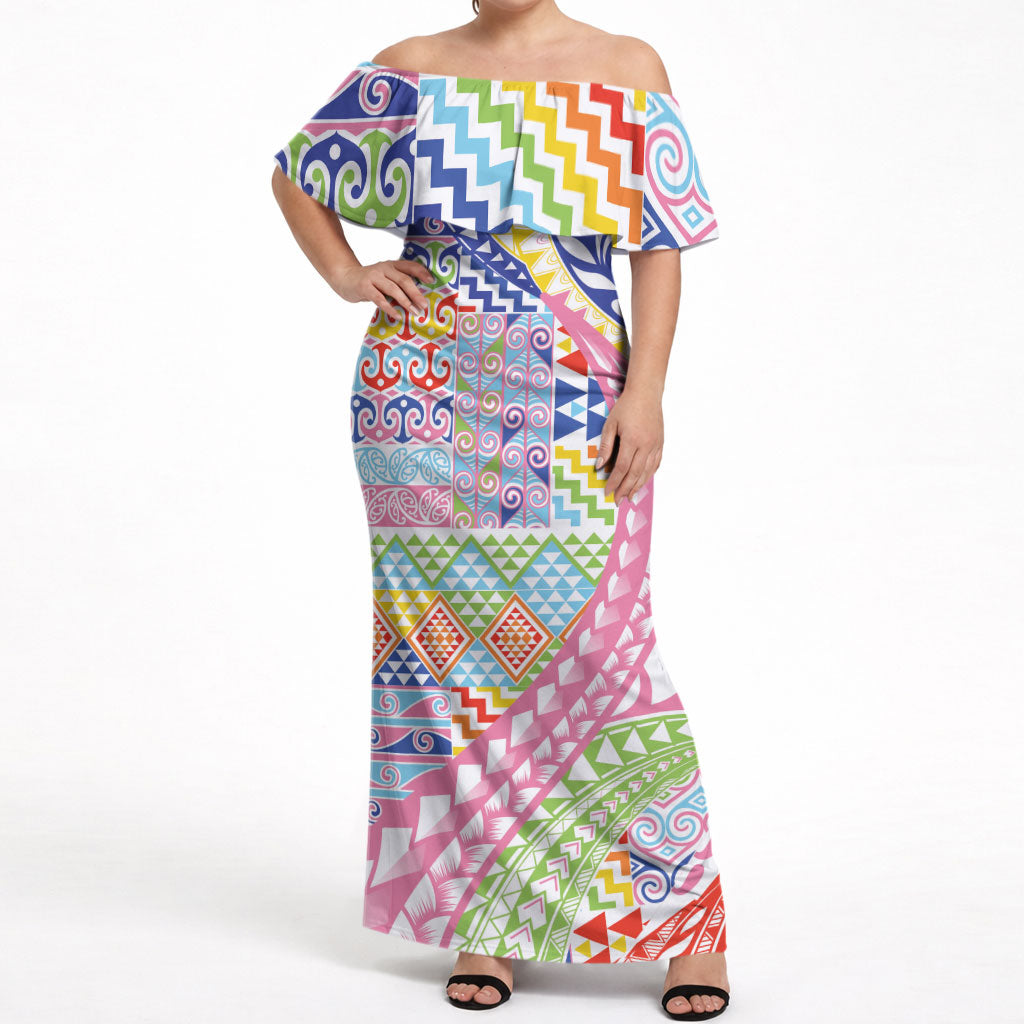 Maori Kowhaiwhai Taniko Patchwork Rainbow Motifs Off Shoulder Maxi Dress LT9 Women Rainbow - Polynesian Pride