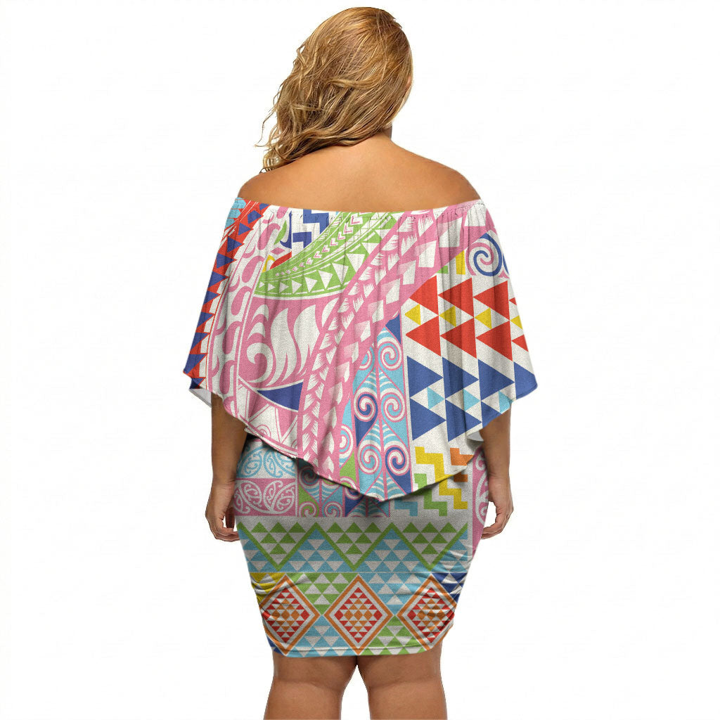 Maori Kowhaiwhai Taniko Patchwork Rainbow Motifs Off Shoulder Short Dress LT9 - Polynesian Pride