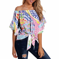 Maori Kowhaiwhai Taniko Patchwork Rainbow Motifs Off Shoulder Wrap Waist Top LT9 Rainbow - Polynesian Pride