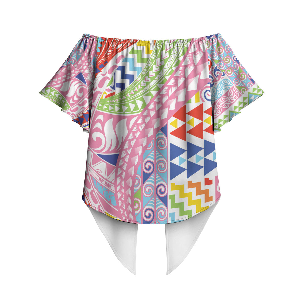 Maori Kowhaiwhai Taniko Patchwork Rainbow Motifs Off Shoulder Wrap Waist Top LT9 - Polynesian Pride