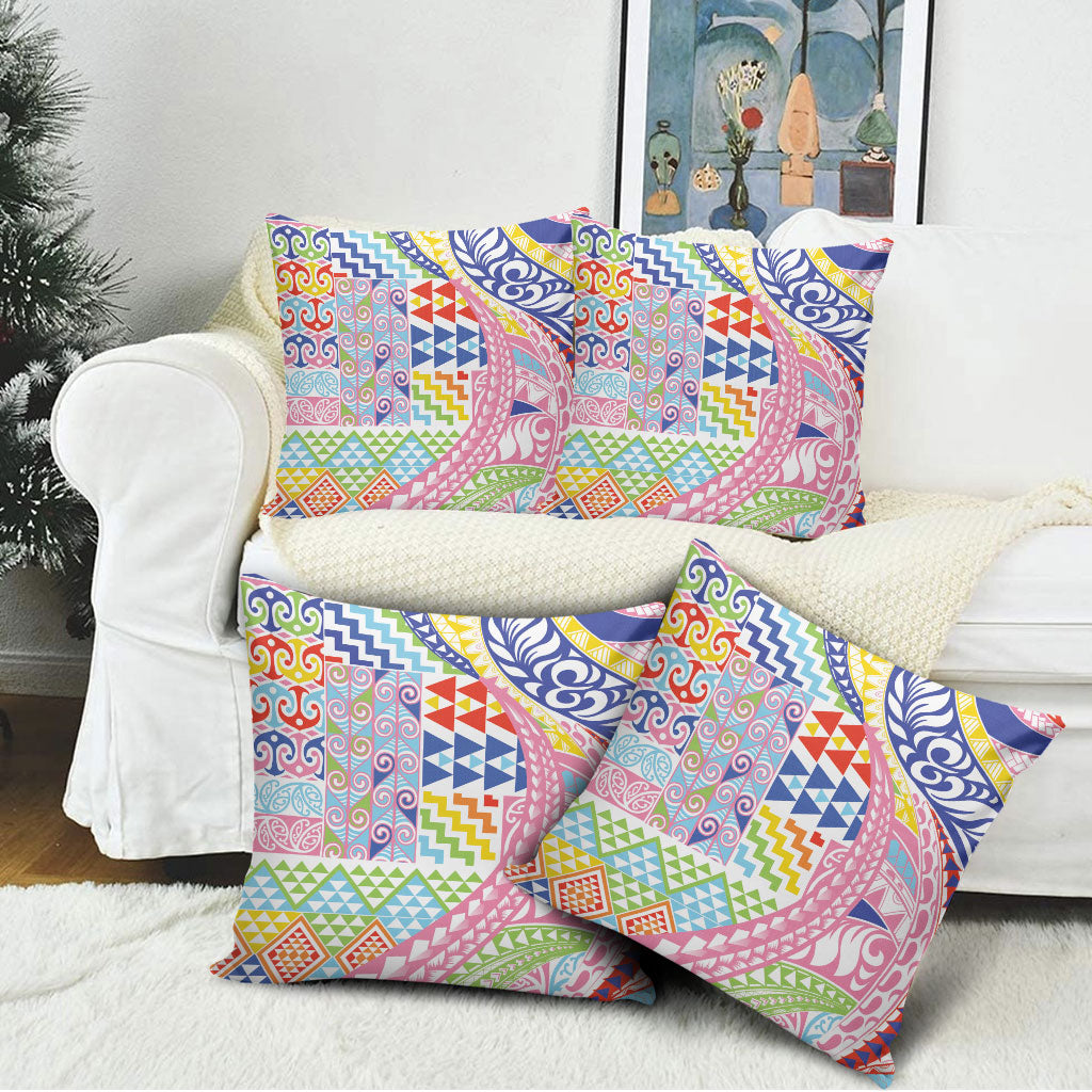 Maori Kowhaiwhai Taniko Patchwork Rainbow Motifs Pillow Cover