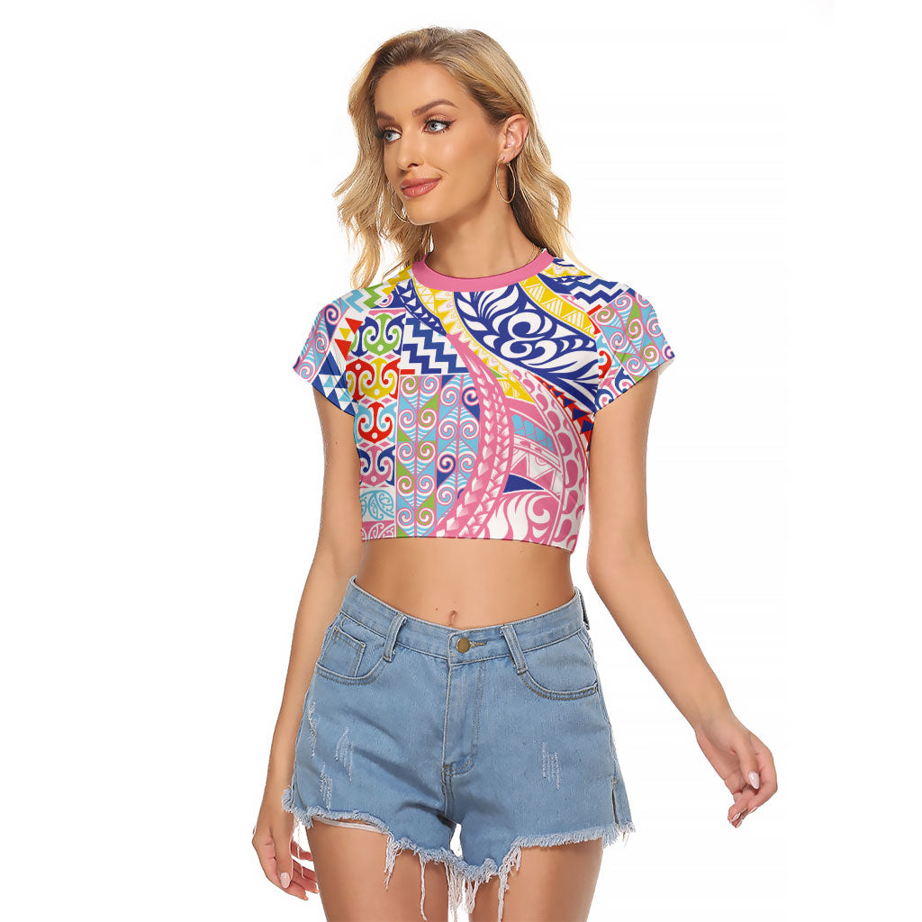 Maori Kowhaiwhai Taniko Patchwork Rainbow Motifs Raglan Cropped T Shirt LT9 Female Rainbow - Polynesian Pride