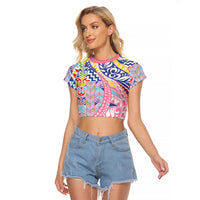 Maori Kowhaiwhai Taniko Patchwork Rainbow Motifs Raglan Cropped T Shirt LT9 Female Rainbow - Polynesian Pride
