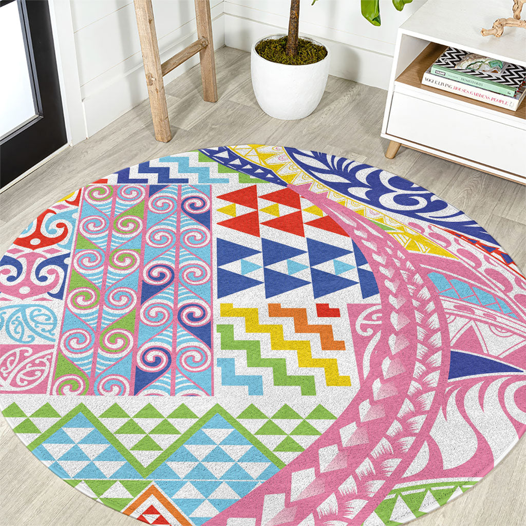 Maori Kowhaiwhai Taniko Patchwork Rainbow Motifs Round Carpet LT9 Rainbow - Polynesian Pride