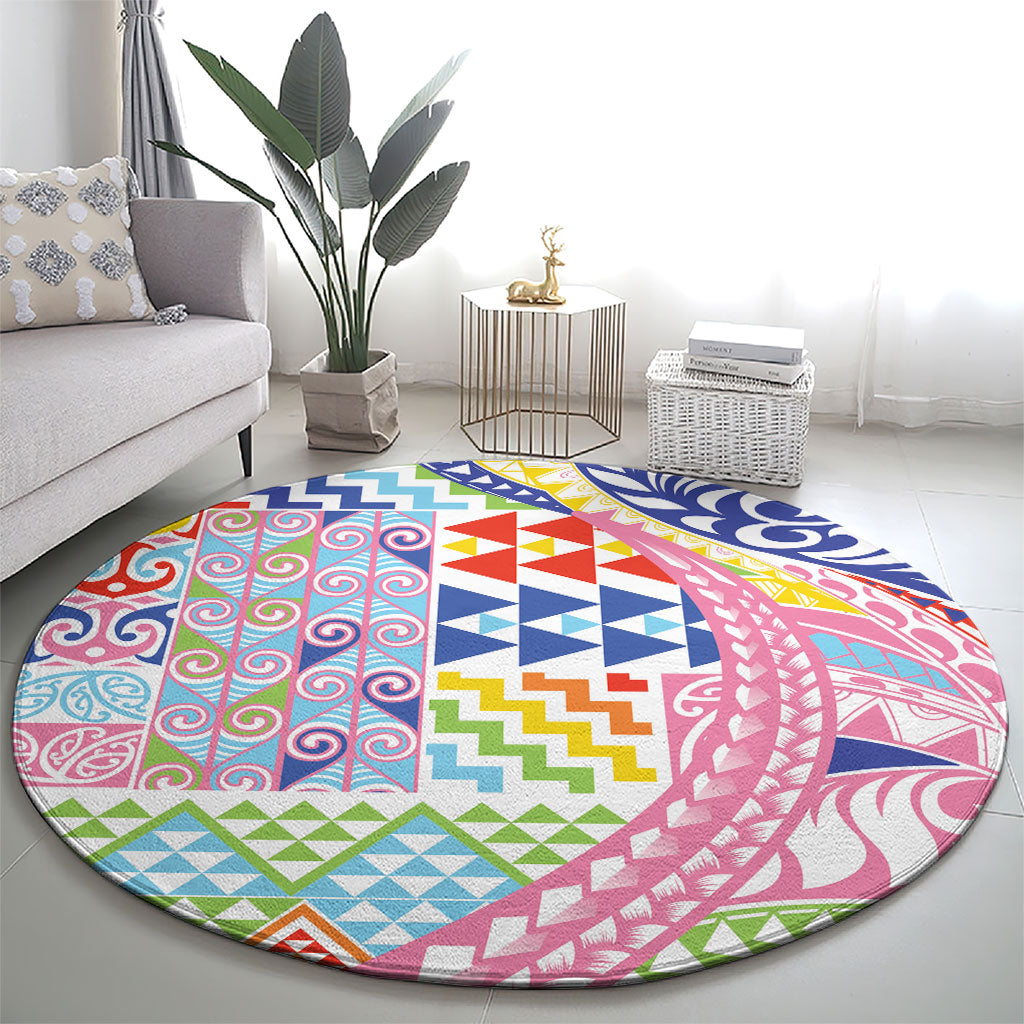 Maori Kowhaiwhai Taniko Patchwork Rainbow Motifs Round Carpet LT9 - Polynesian Pride