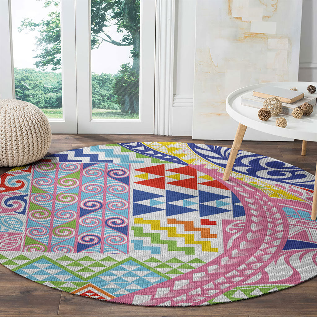 Maori Kowhaiwhai Taniko Patchwork Rainbow Motifs Round Carpet LT9 - Polynesian Pride
