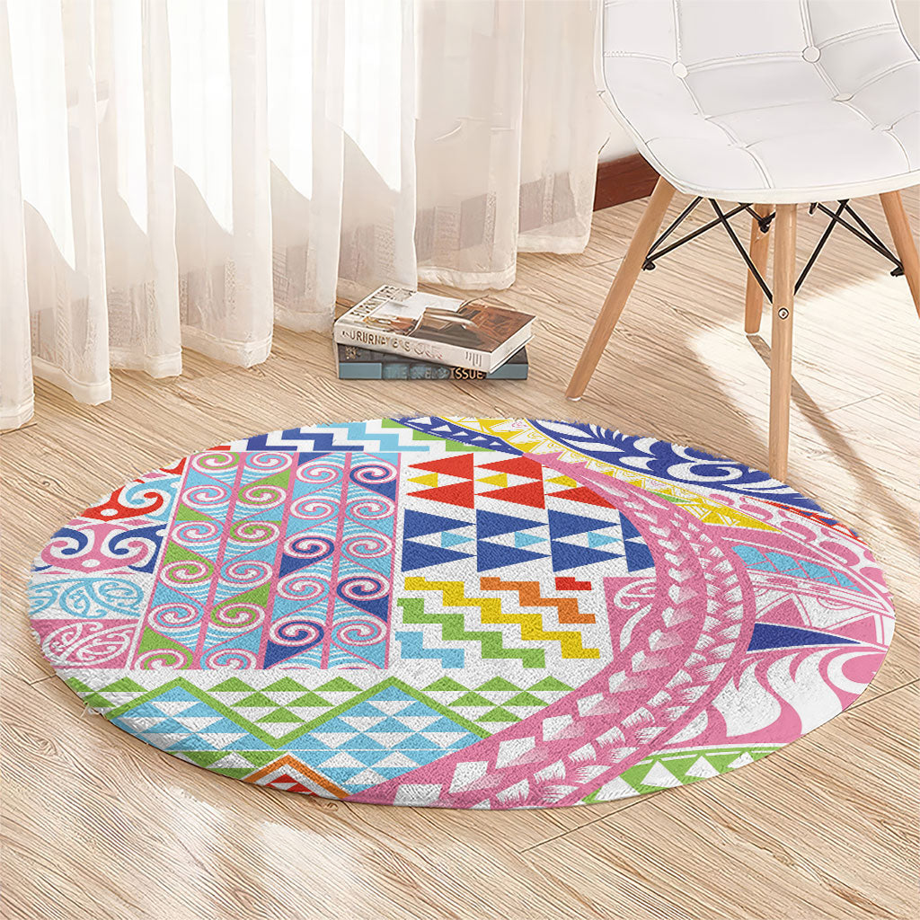 Maori Kowhaiwhai Taniko Patchwork Rainbow Motifs Round Carpet LT9 - Polynesian Pride