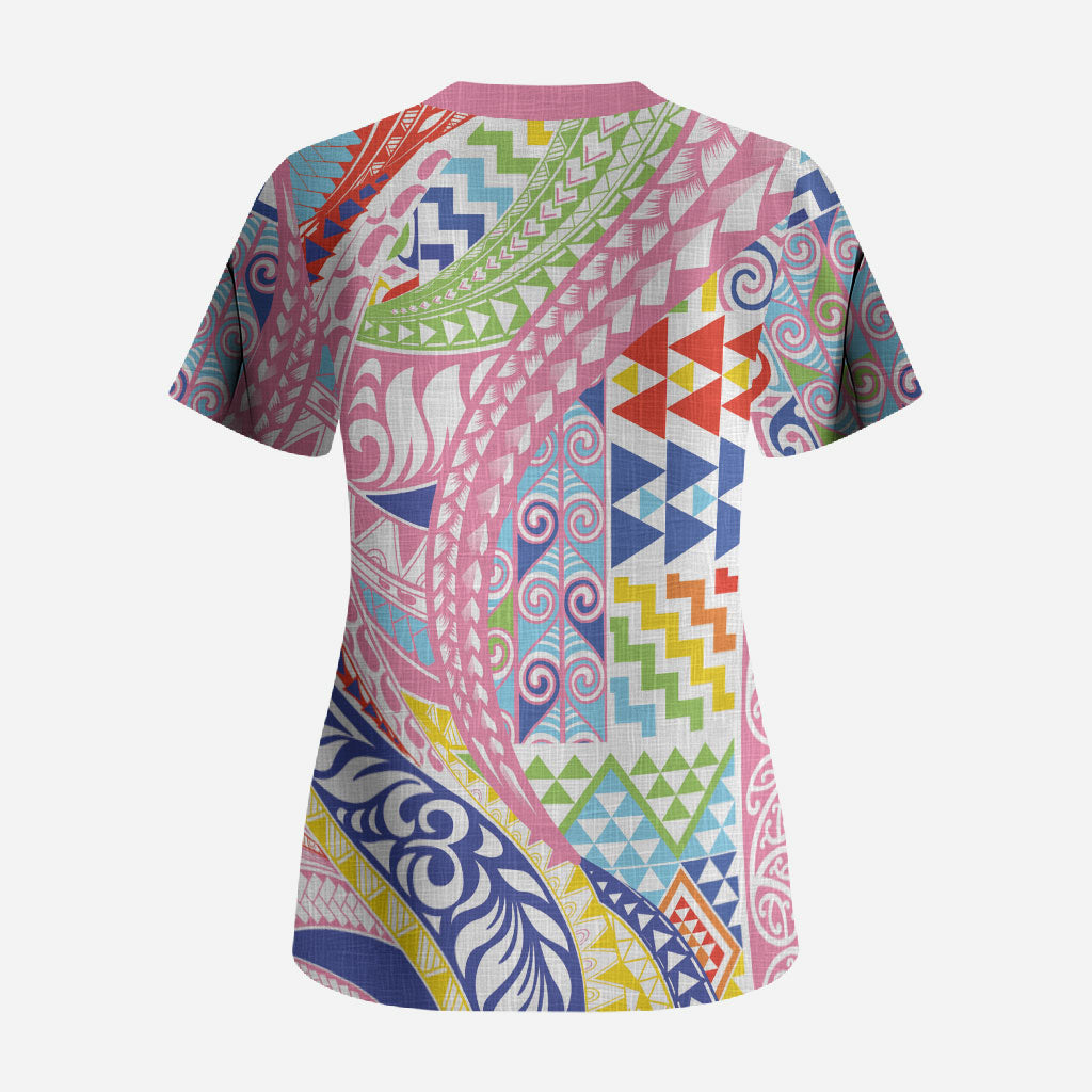 Maori Kowhaiwhai Taniko Patchwork Rainbow Motifs Scrub Top LT9 - Polynesian Pride