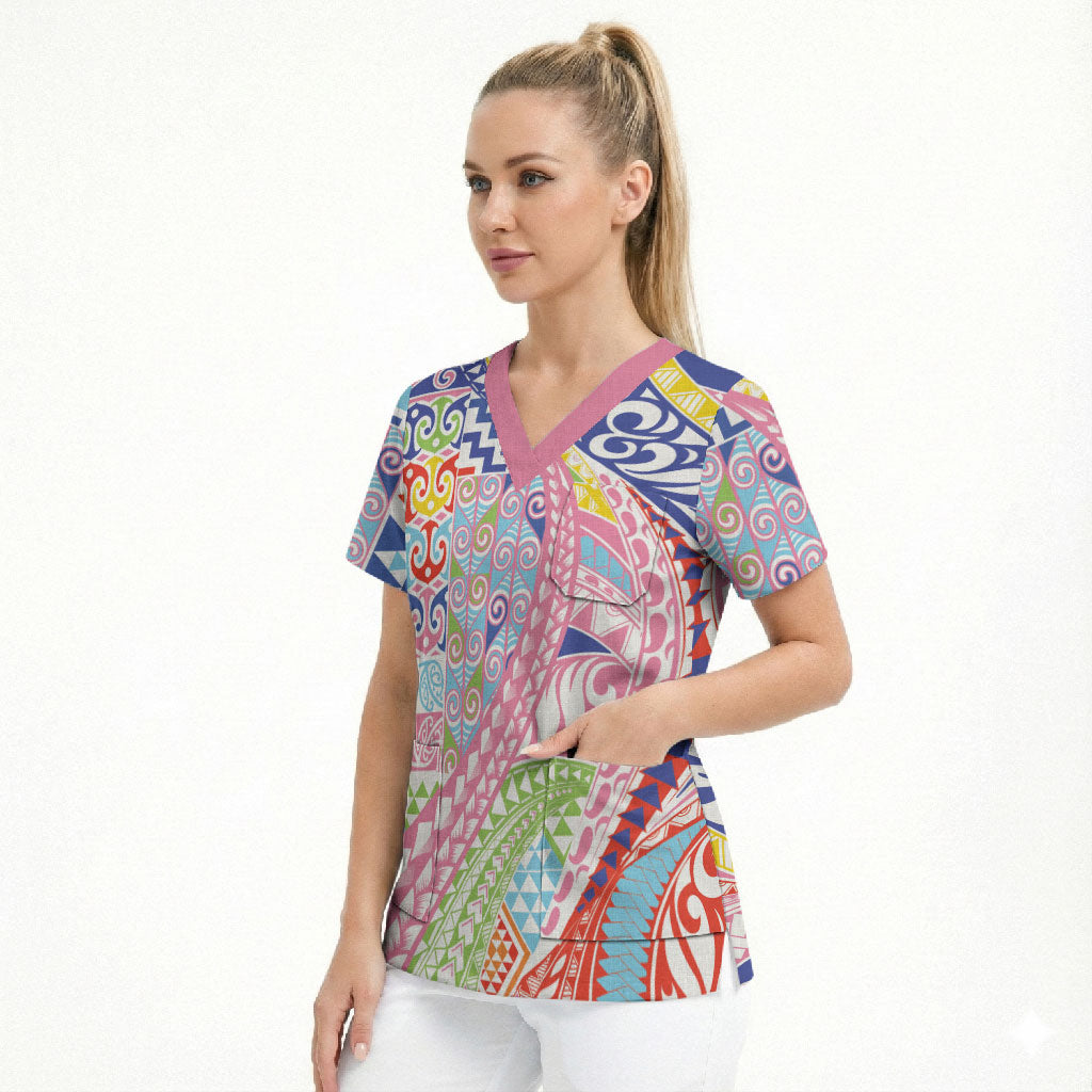Maori Kowhaiwhai Taniko Patchwork Rainbow Motifs Scrub Top LT9 - Polynesian Pride