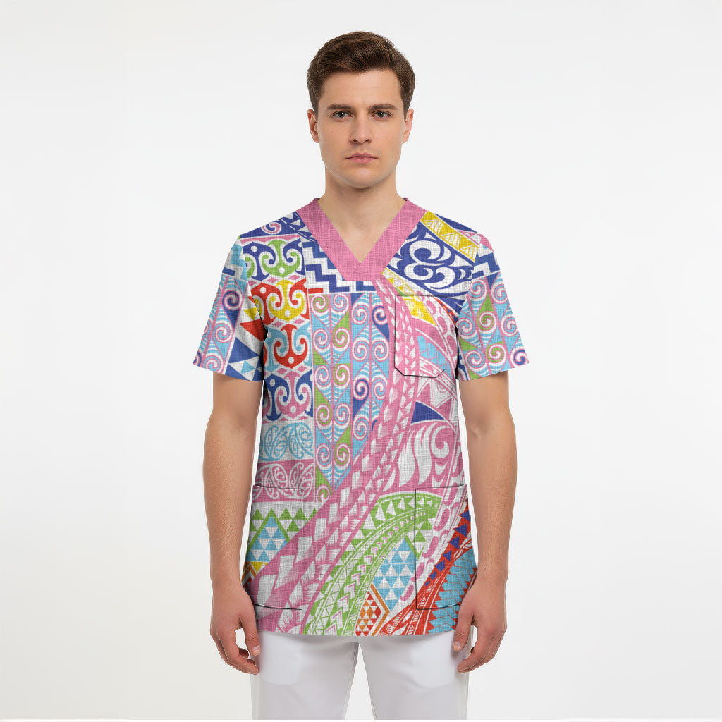 Maori Kowhaiwhai Taniko Patchwork Rainbow Motifs Scrub Top LT9 - Polynesian Pride