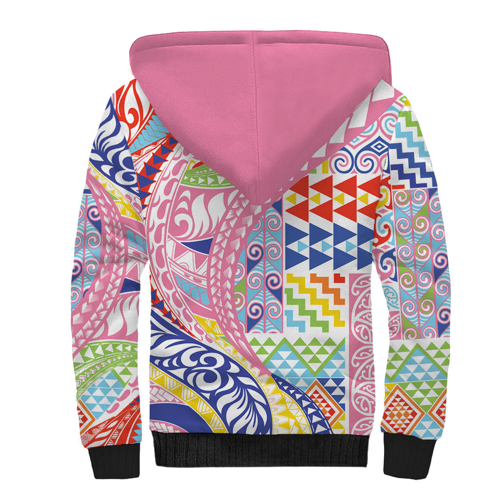 Maori Kowhaiwhai Taniko Patchwork Rainbow Motifs Sherpa Hoodie LT9 - Polynesian Pride
