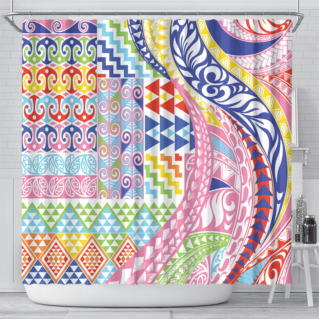 Maori Kowhaiwhai Taniko Patchwork Rainbow Motifs Shower Curtain
