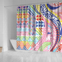 Maori Kowhaiwhai Taniko Patchwork Rainbow Motifs Shower Curtain