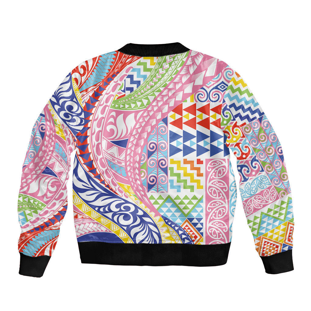 Maori Kowhaiwhai Taniko Patchwork Rainbow Motifs Sleeve Zip Bomber Jacket