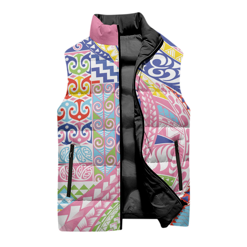Maori Kowhaiwhai Taniko Patchwork Rainbow Motifs Sleeveless Puffer Jacket LT9 - Polynesian Pride