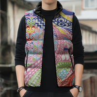 Maori Kowhaiwhai Taniko Patchwork Rainbow Motifs Sleeveless Puffer Jacket LT9 - Polynesian Pride