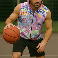 Maori Kowhaiwhai Taniko Patchwork Rainbow Motifs Sleeveless Zip Hoodie LT9 - Polynesian Pride