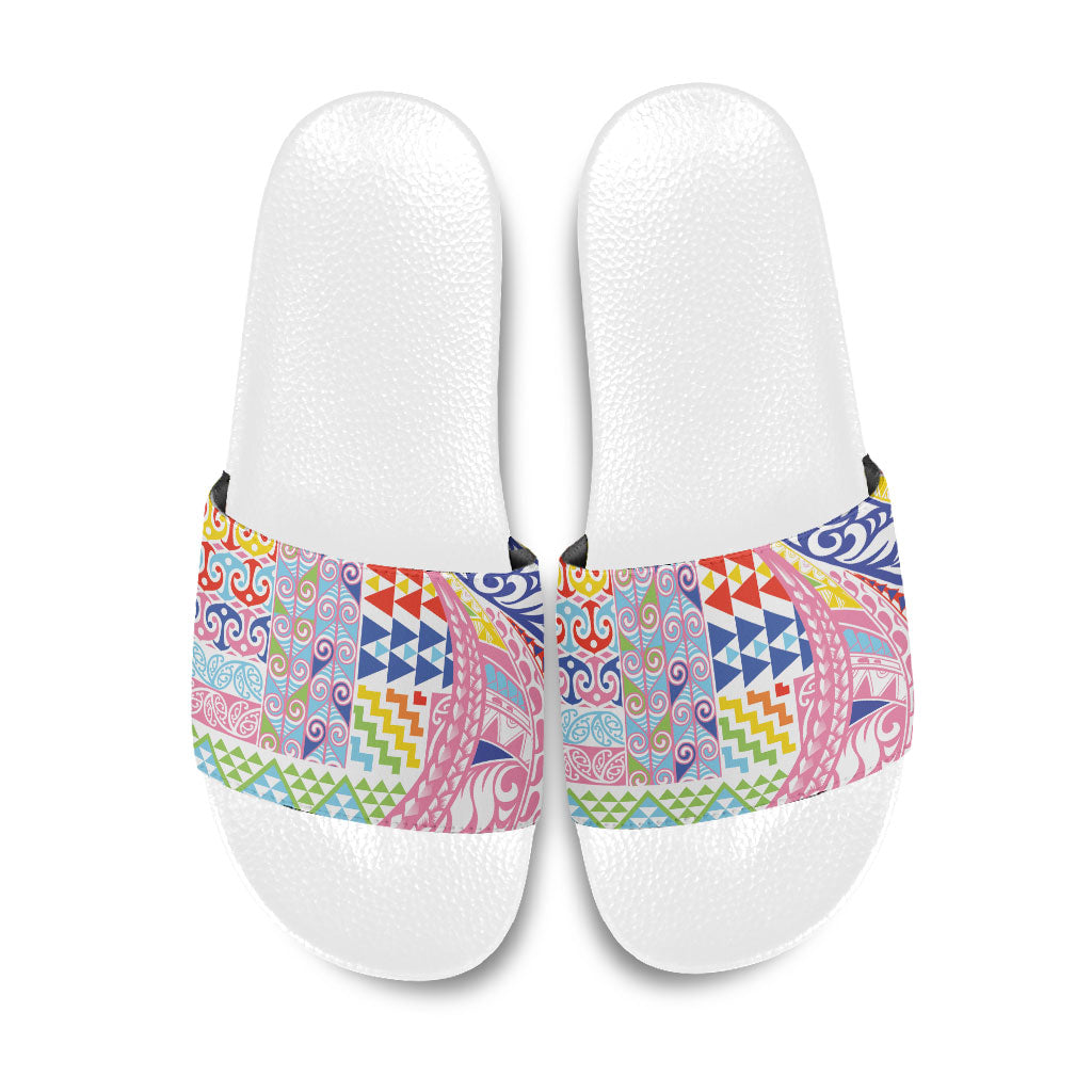 Maori Kowhaiwhai Taniko Patchwork Rainbow Motifs Slide Sandals LT9 Rainbow - Polynesian Pride