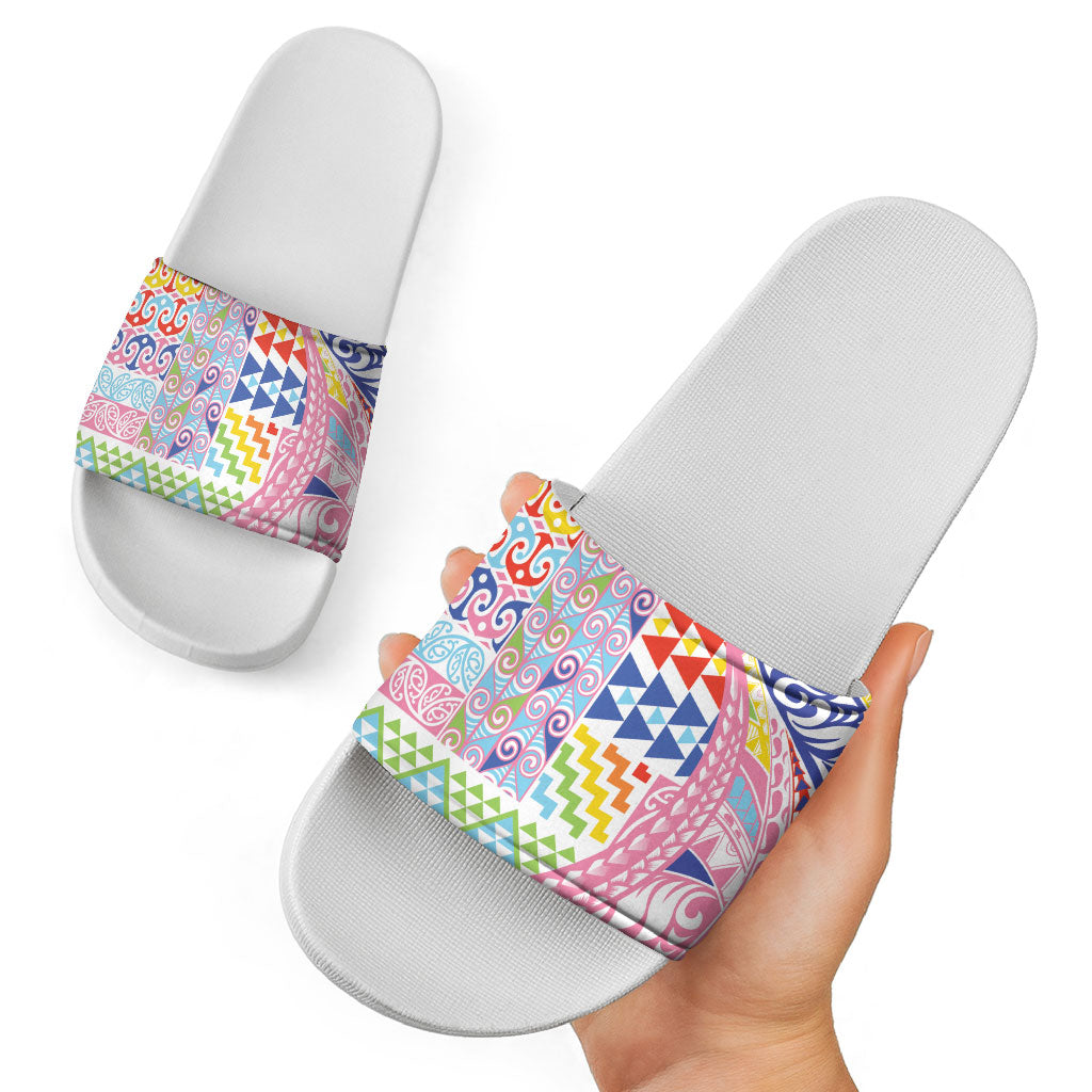 Maori Kowhaiwhai Taniko Patchwork Rainbow Motifs Slide Sandals LT9 - Polynesian Pride