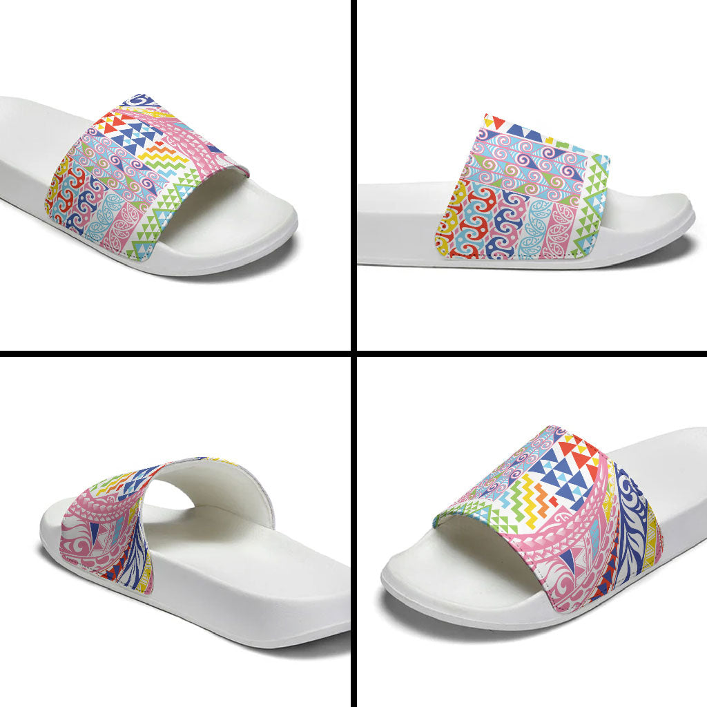 Maori Kowhaiwhai Taniko Patchwork Rainbow Motifs Slide Sandals LT9 - Polynesian Pride