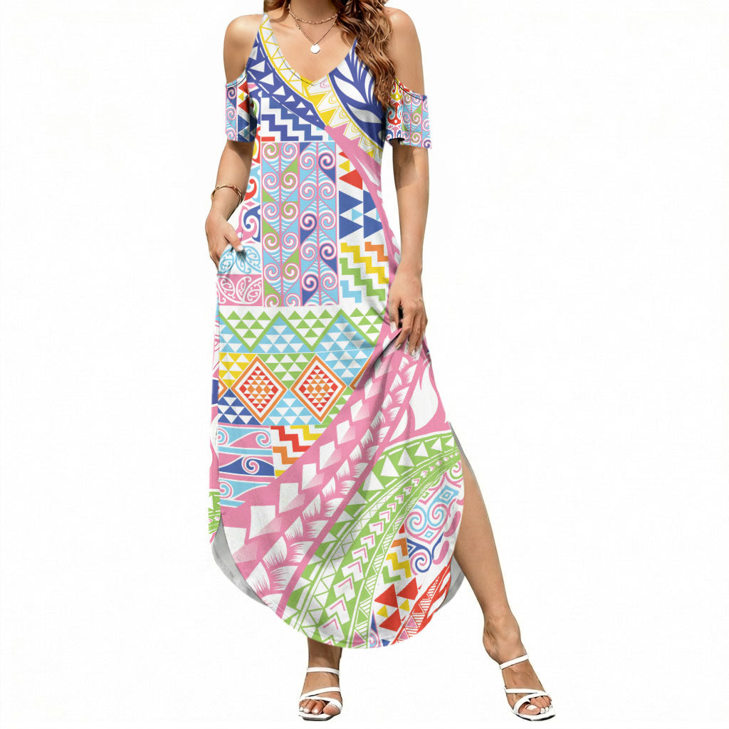 Maori Kowhaiwhai Taniko Patchwork Rainbow Motifs Summer Maxi Dress LT9 Women Rainbow - Polynesian Pride
