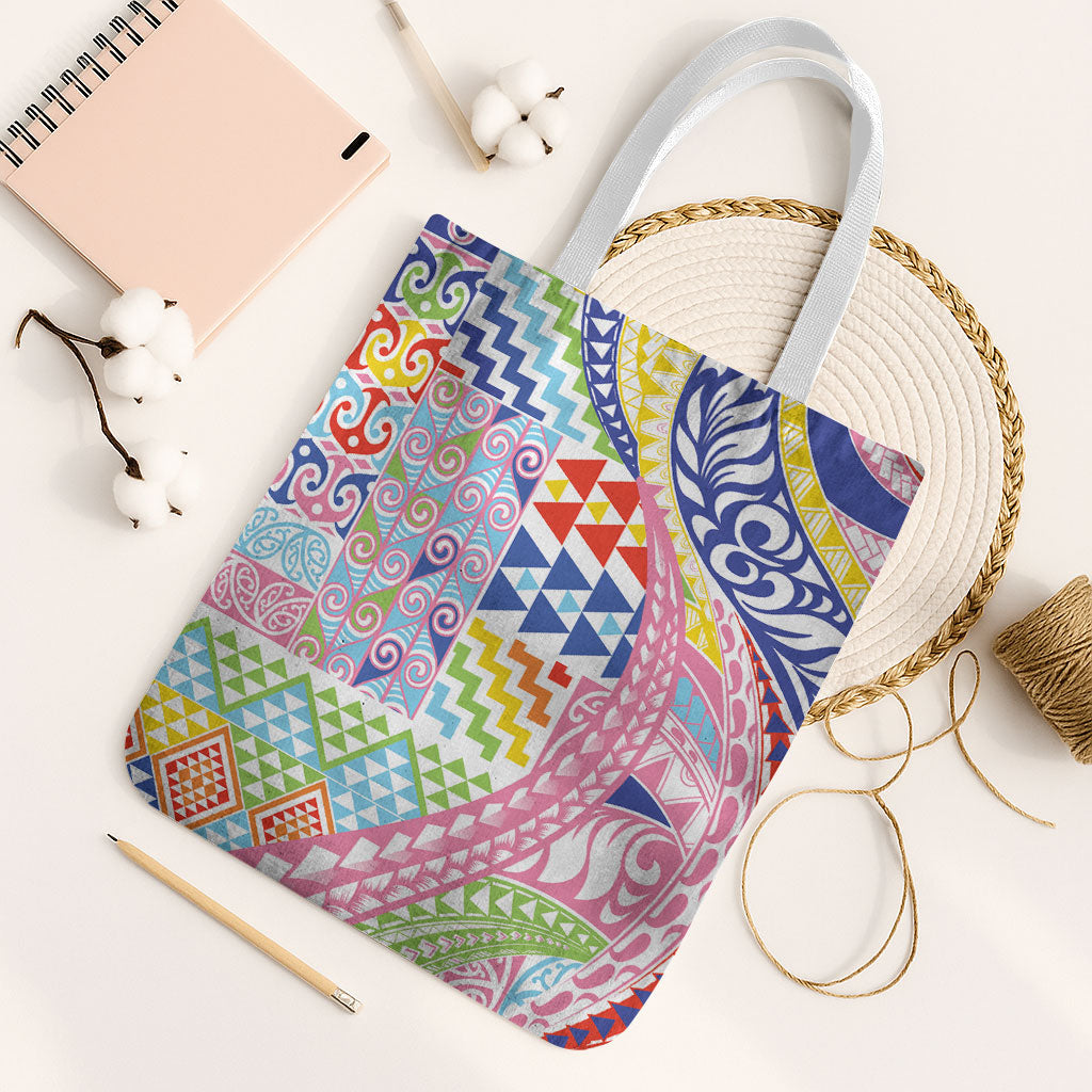 Maori Kowhaiwhai Taniko Patchwork Rainbow Motifs Tote Bag LT9 White Strap One Size Rainbow - Polynesian Pride