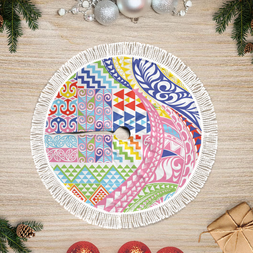 Maori Kowhaiwhai Taniko Patchwork Rainbow Motifs Tree Skirt
