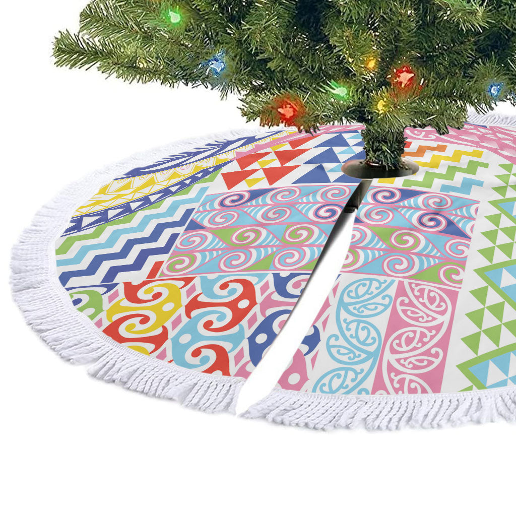 Maori Kowhaiwhai Taniko Patchwork Rainbow Motifs Tree Skirt
