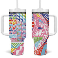 Maori Kowhaiwhai Taniko Patchwork Rainbow Motifs Tumbler With Handle LT9 One Size: 40 oz Rainbow - Polynesian Pride