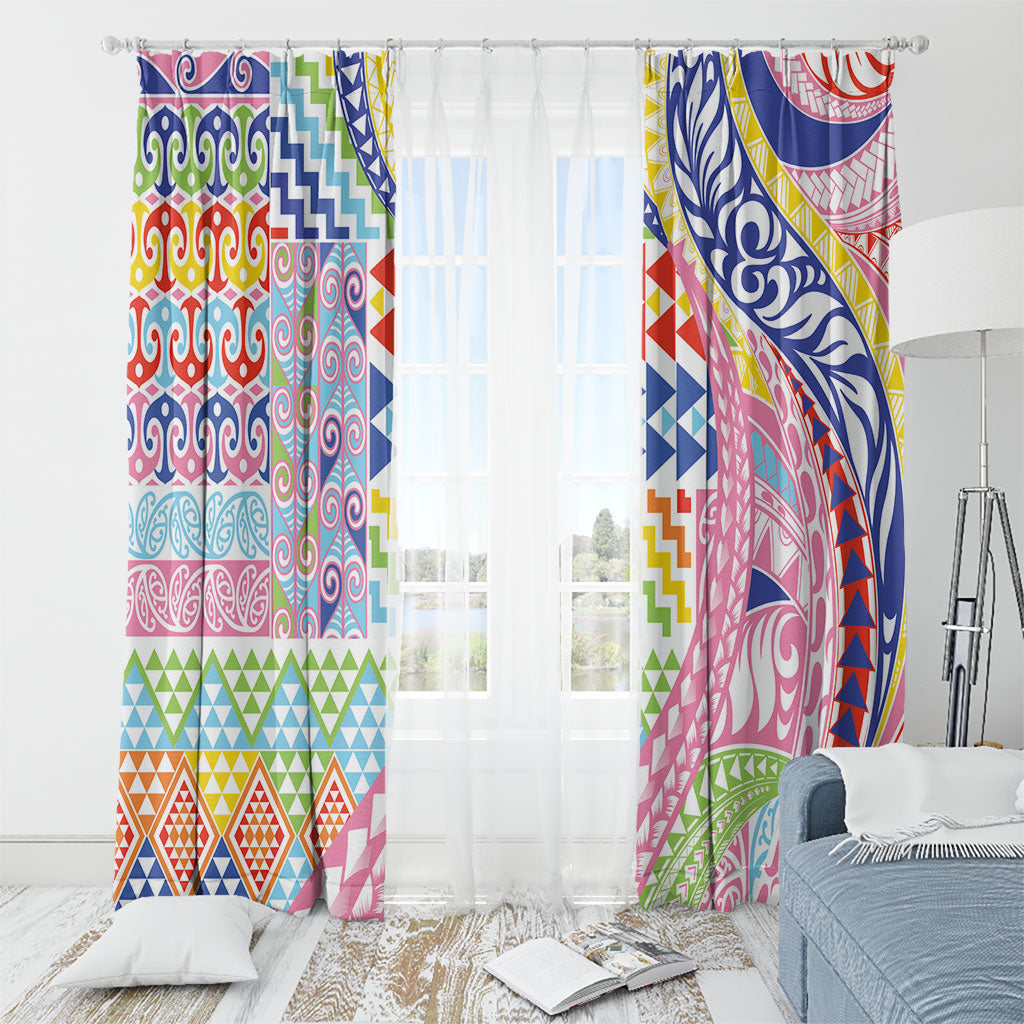 Maori Kowhaiwhai Taniko Patchwork Rainbow Motifs Window Curtain