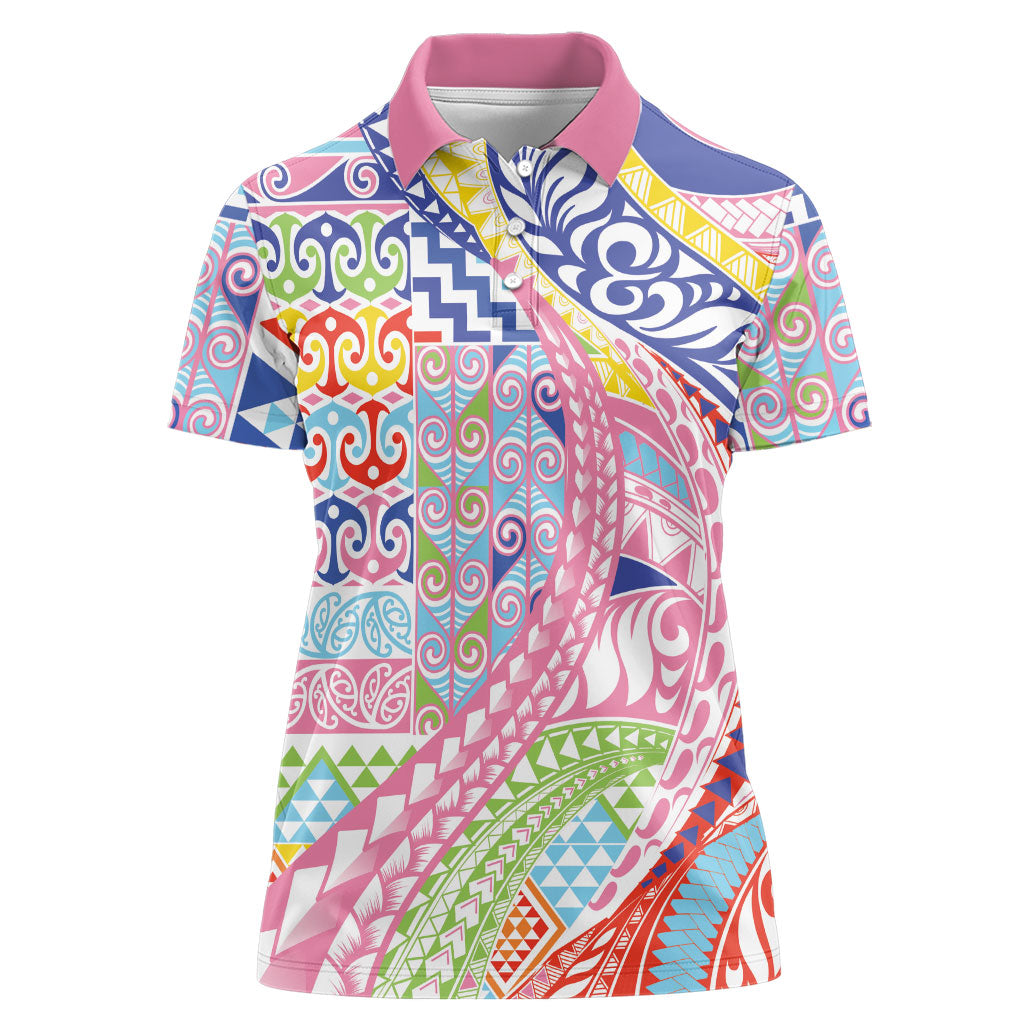 Maori Kowhaiwhai Taniko Patchwork Rainbow Motifs Women Polo Shirt