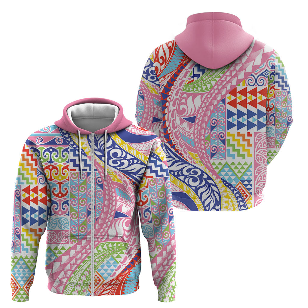 Maori Kowhaiwhai Taniko Patchwork Rainbow Motifs Zip Hoodie LT9 - Polynesian Pride