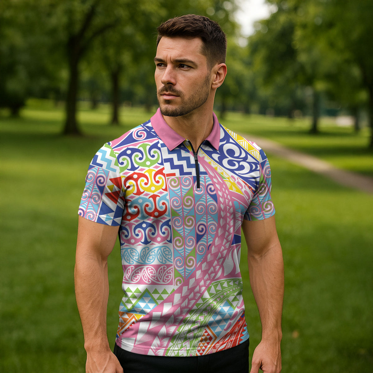 Maori Kowhaiwhai Taniko Patchwork Rainbow Motifs Zipper Polo Shirt LT9 - Polynesian Pride