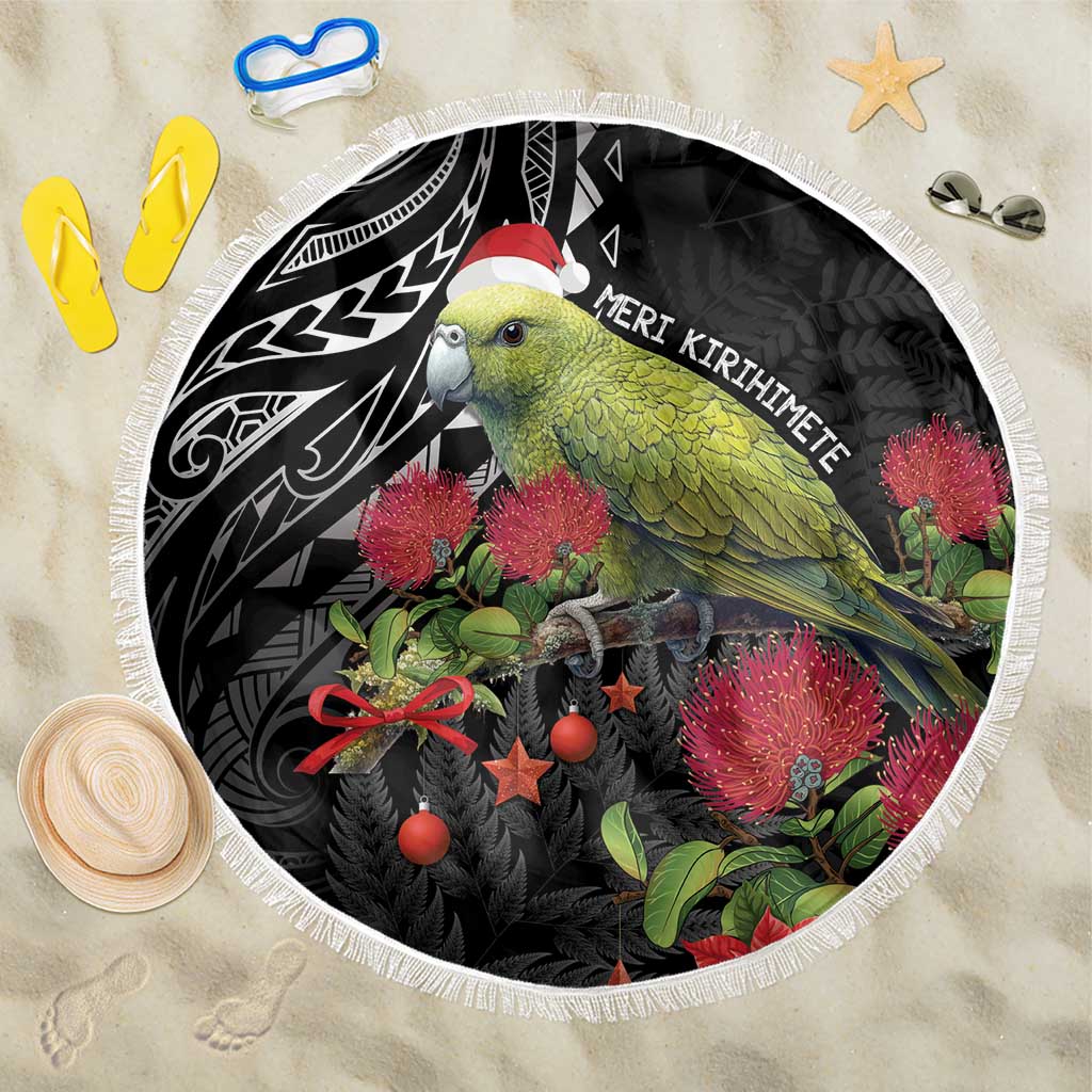 Meri Kirihimete Kakapo Beach Blanket Black Silver Fern Christmas Vibe