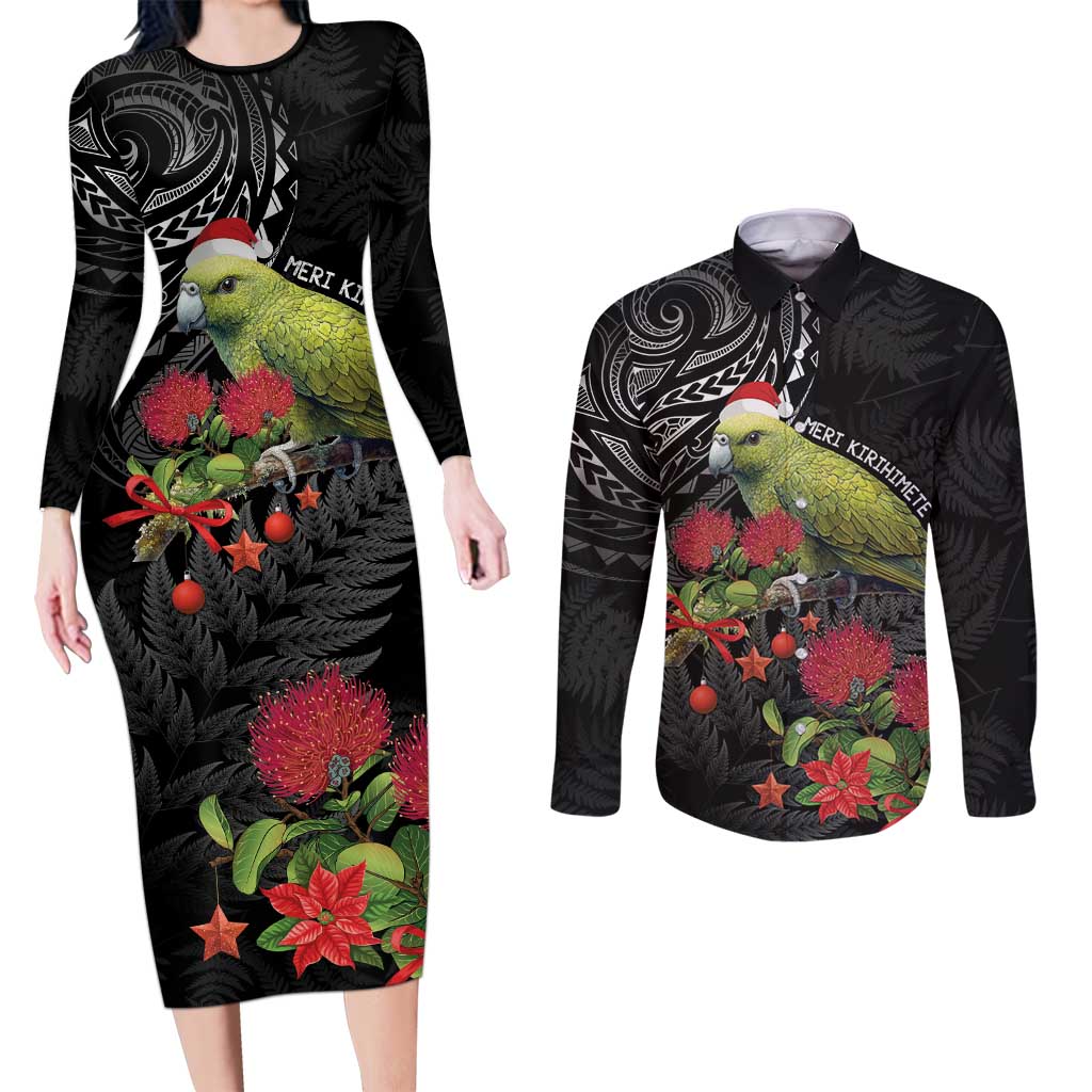 Meri Kirihimete Kakapo Couples Matching Long Sleeve Bodycon Dress and Long Sleeve Button Shirt Black Silver Fern Christmas Vibe LT9 Black - Polynesian Pride