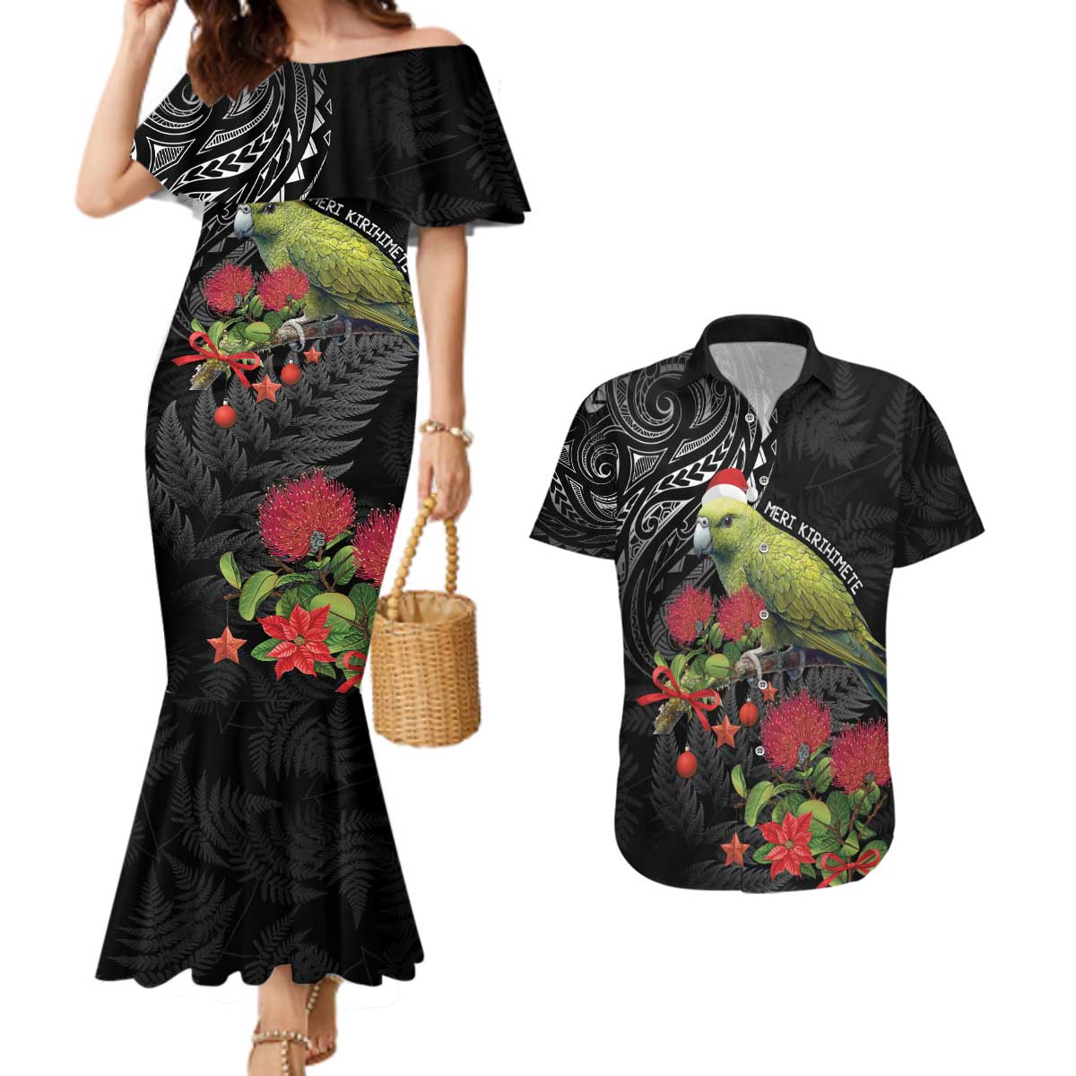 Meri Kirihimete Kakapo Couples Matching Mermaid Dress and Hawaiian Shirt Black Silver Fern Christmas Vibe LT9 Black - Polynesian Pride
