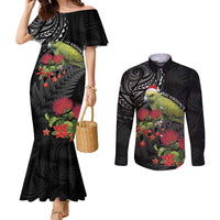 Meri Kirihimete Kakapo Couples Matching Mermaid Dress and Long Sleeve Button Shirt Black Silver Fern Christmas Vibe LT9 Black - Polynesian Pride